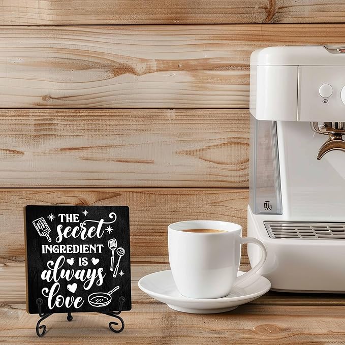 Kitchen Counter Decor, The Secret Ingredient Is Love Sign, Table Decorations for Dining Room, Farmhouse Kitchen Wooden Plaque with Iron Stand for Wall Shelf Decor-A04