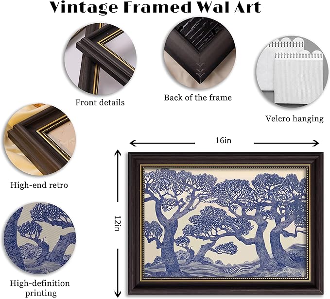 Vintage Gold Framed Wall Art Oak Tree Forest Painting Canvas Prints Blue Woodland Nature Landscape Picture Moody Botanical Poster Artwork for Living Room Bedroom, 12x16in