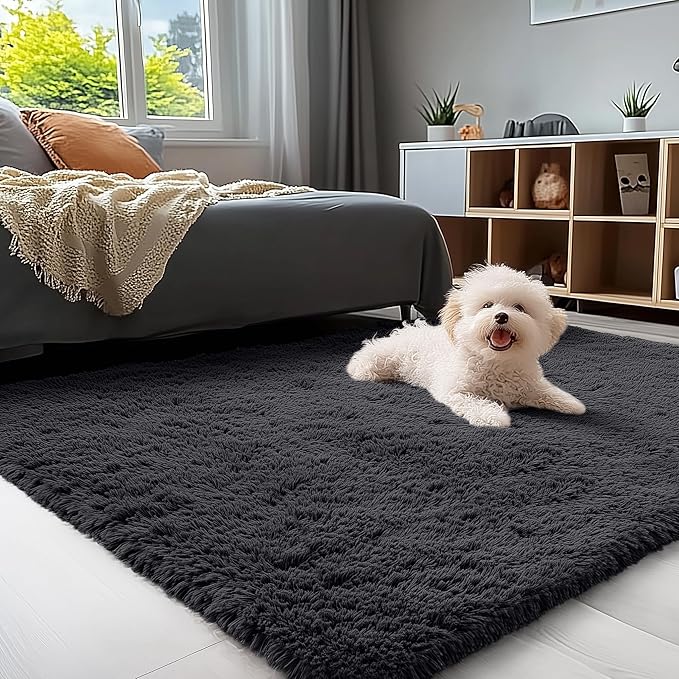 OLANLY 4x4 Machine Washable Accent Rug, Soft Fluffy Shaggy Area Rug for Bedroom, Living Room, Indoor Floor Carpet for Kids, Nursery, Home Decor, Black