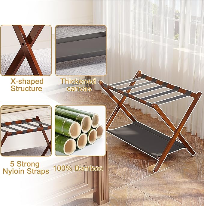 2 Pack Bamboo Luggage Rack for Guest Room, 26.77" Folding Wide Suitcase Stand with Fabric Storage Shelf, Thickened Luggage Stand Holder for Bedroom Hotel, Luggage Rack for Suitcases (2 Pack - Brown)