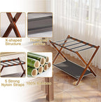 2 Pack Bamboo Luggage Rack for Guest Room, 26.77" Folding Wide Suitcase Stand with Fabric Storage Shelf, Thickened Luggage Stand Holder for Bedroom Hotel, Luggage Rack for Suitcases (2 Pack - Brown)