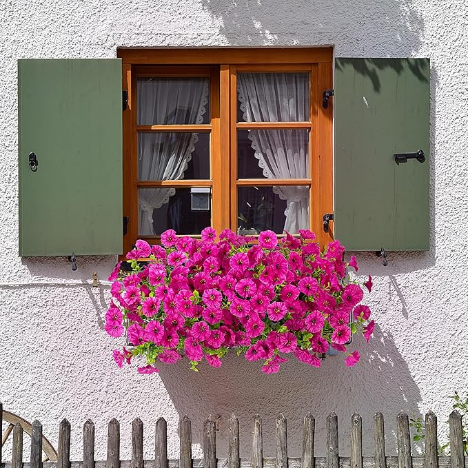 Artificial Flowers for Outdoors Decoration, 12 Bundles Fake Plastic Flower Plant, Faux Colorful Silk Morning Glory Eucalyptus for Outside Garden Porch Front Door Decor, Purple