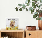 Mtrgdn Summer Decor,Sunflower Highland Cow Decorations, Tiered Tray Decor Western Cow Farmhouse Hello Sunshine Wood Box Sign for Desk Wall Shelf,Gift for Highland Cow Lovers 5x5 Inch