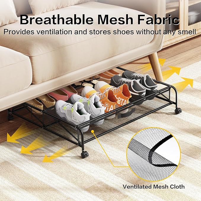 Under Bed Shoe Storage Organizer, 2 Pack Under Bed Storage Containers with Wheels for Under Bed Shoe Organizer Drawer Space Saving for bedroom