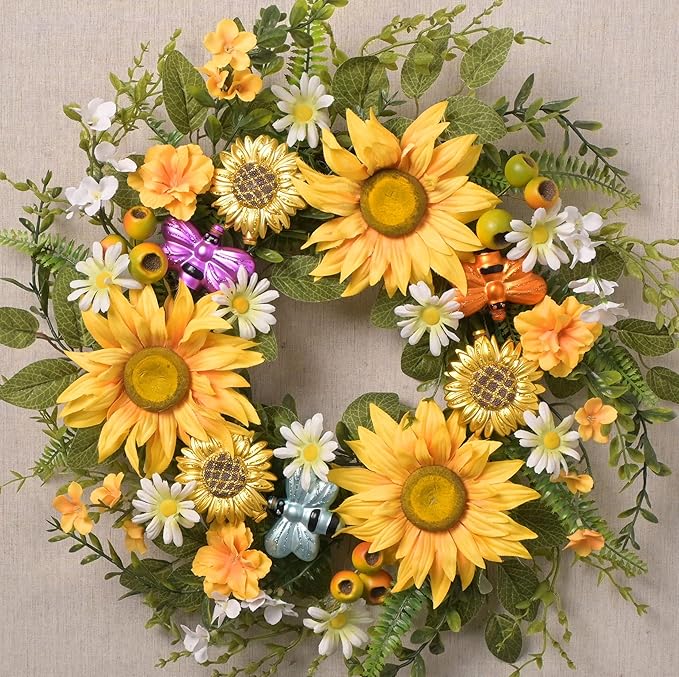 DecorbyHannah Spring Sunflower Summer Wreaths for Front Door Outside All Season, 22 Inch Artificial Collapsible Flower Wreaths with Daisy and Bee, Sunflower Decor for Porch, Wedding Housewarming Gifts