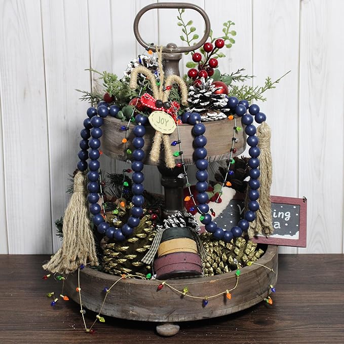 Farmhouse Decor Beads 59in Wooden Bead Garland with Tassels Rustic Coastal Room Accent Halloween Decorations for Home Wall Hanging Kitchen Island Table Mantle Shelf Country Decor, Navy Blue