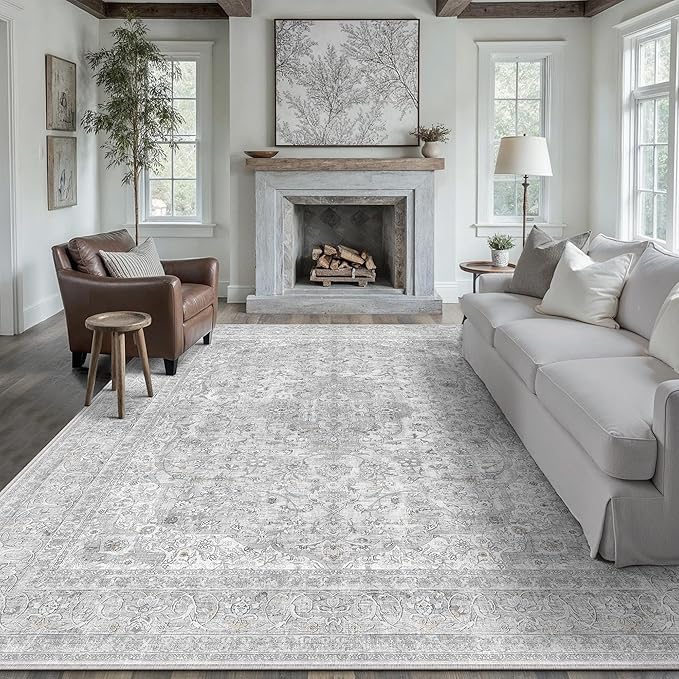 Gray Area Rug 6x9 for Living Room Washable Vintage Carpet Low Pile Non Slip Distressed Soft Traditional Retro Oriental Large Grey Accent Throw Rug Office Bedroom Dining Room Playroom