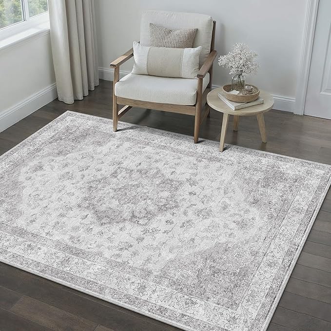 Gray Area Rug 4x5 Washable Vintage Carpet Entryway Office Soft Retro Kitchen Low Pile Thin Door Mat Non Slip Grey Oriental Medallion Throw Small Rug for Bathroom Bedroom Dining Living Room