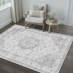 Gray Area Rug 4x5 Washable Vintage Carpet Entryway Office Soft Retro Kitchen Low Pile Thin Door Mat Non Slip Grey Oriental Medallion Throw Small Rug for Bathroom Bedroom Dining Living Room