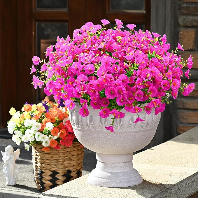 Waipfaru Artificial Flowers for Outdoors, 24 Bundles Faux Plants Outdoor, UV Resistant Artificial Plants Outdoor, Silk Petunias Fake Flowers for Outside Home Decor Planter Porch Decoration, Rose Red