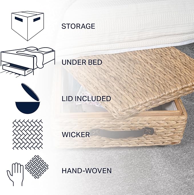 happimess BSK1006A 26.38" Chett Minimalist Hand-Woven Hyacinth/Wood Underbed Storage Bin with Wheels and Handles for Storage and Decoration in Bathroom, Bedroom, Closet, Entryway, Guest Room, Natural
