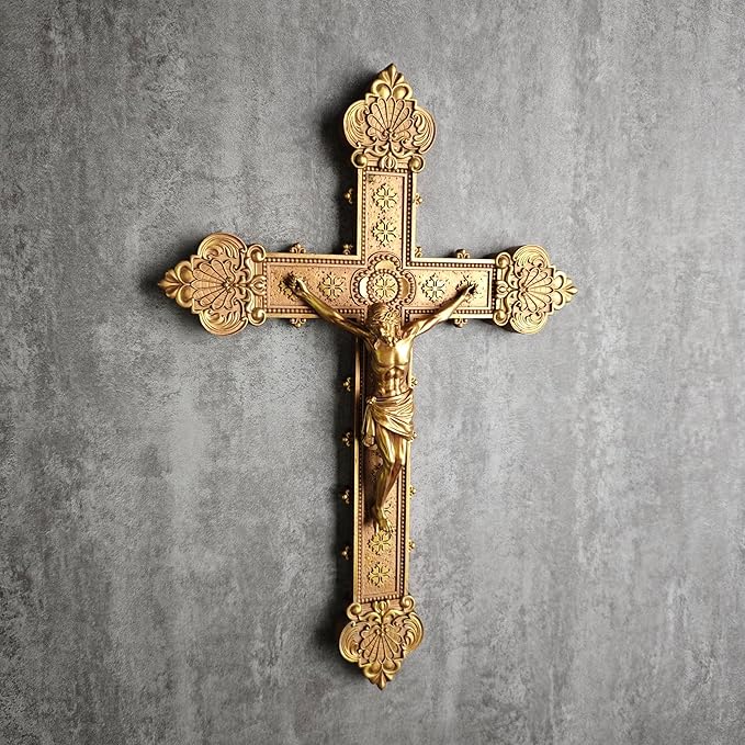 BC Catholic Crucifix Wall Cross, 12"H Jesus Christ Religious Home Decor, Catholic Wedding Gift, Gold Color Finish, Hand-painted by Buildclassic