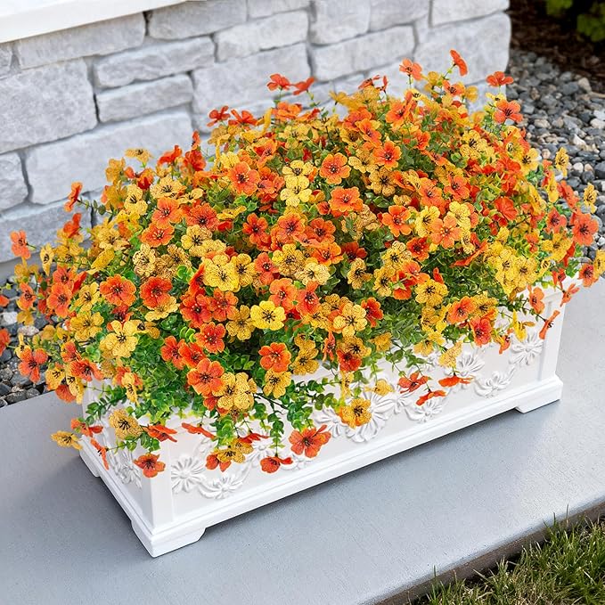 Artificial Fake Flowers Plants for Outdoor Spring Decor, 12 Bundles Faux Silk Flowers for Outdoor Outside Planter Colorful Daisy UV Resistant Look Real for Front Door Porch Patio Yard(Yellow Orange)