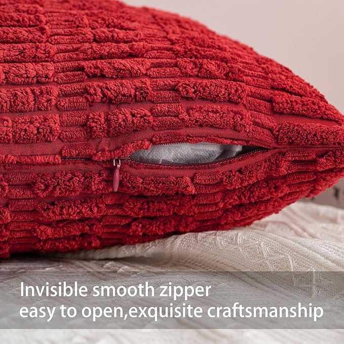 Aegero Pack of 2 Christmas Red Corduroy Decorative Throw Pillow Covers 18x18 InchSoft Boho Striped Pillow Covers Modern Farmhouse Home Decor for Sofa Living Room Couch Bed（Red）