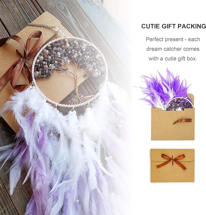 Dream Catchers, Purple Dream Catcher Tree of Life Wall Decor, with Natural Healing Crystal Stone, Perfect Handmade Dreamlike Crystal Dream Catcher for Bedroom Art Craft Gift