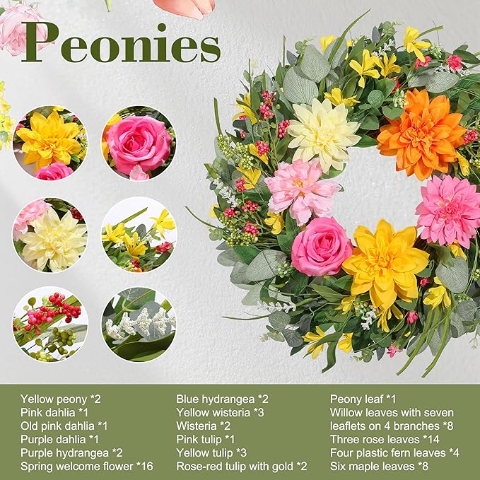 Summer Wreaths for Front Door 24 Inch, Artificial Spring Wreath with Dahlia and Peony for All Season Home Decor Easter Indoor Outdoor Wall Home Festival Celebrations