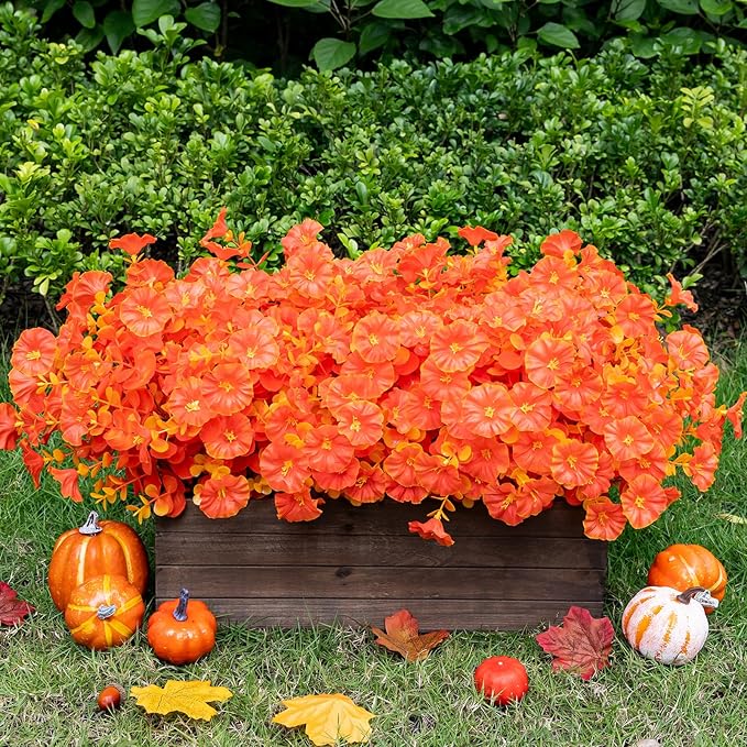 Lnoicy Artificial Flowers for Outdoor 12 Bundles Eucalyptus Fake Flowers for Planter,UV Resistant Fake Morning Glory for Home/Porch/Garden Decoration (Fall Red)
