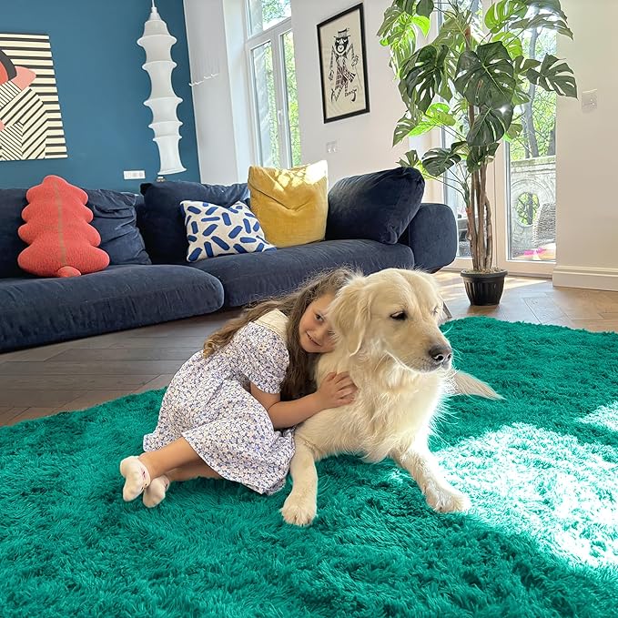 OLANLY 9x12 Machine Washable Large Area Rugs for Living Room, Bedroom, Soft Fluffy Shaggy Bedside Rug, Indoor Floor Carpet for Kids Girls and Boys, Dorms, Nursery, Home Decor Aesthetic, Teal Green