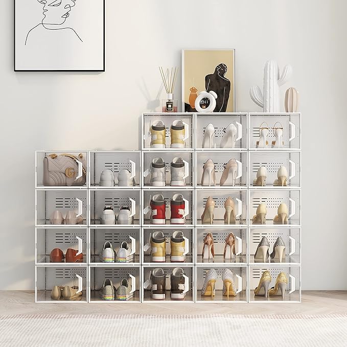 SEE SPRING XX-Large Shoe Storage Box Fit Size 13, Clear Plastic Stackable Shoe Organizer for Closet, Space Saving Sneaker Shoe Rack Containers Bins Holders for Entryway, Under Bed, 12 Pack Black