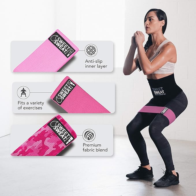 Sweet Sweat Hip Bands with 3 Levels of Resistance | Non-Slip Fabric Booty Bands for Squats & Lunges | Includes Free Mesh Carrying Bag