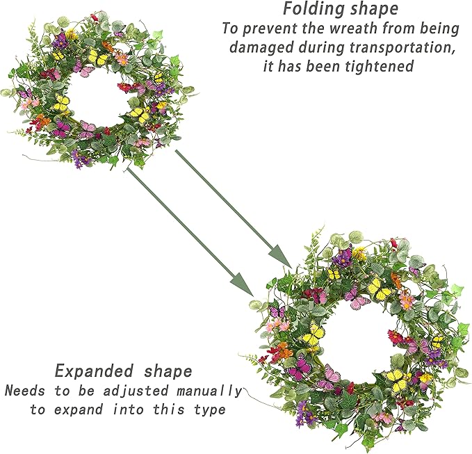 20" Artificial Spring Summer Wreath with Fake Butterflies,Eucalyptus Leaves,Daisy,Dry Vine Branches,Fern Leaves for Front Door Indoor Outdoor Farmhouse Wall Holiday Decor, White Gift Box Included
