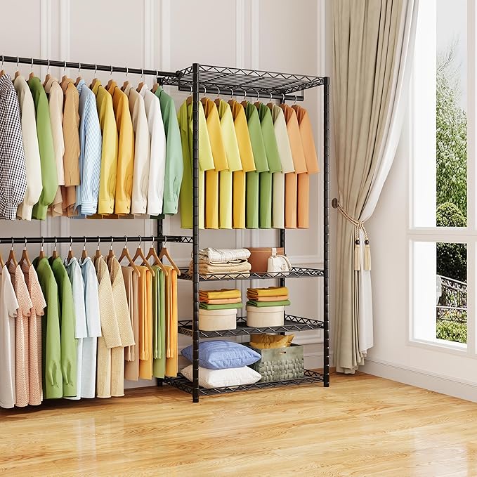 ecobedding Heavy Duty Garment Rack, 900LBS Max Load Freestanding Closet Organizer with 6 Storage Shelves & 3 Adjustable Hanging Rods, Multifunctional (Black, 15.75" D x (69.7~88.2)" W x 79.5" H)