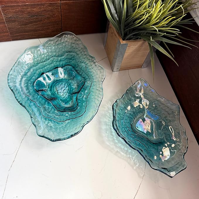 Things2Die4 Decorative Plates Set of 2 Oyster Shaped Blue Glass Plates with Iridescent Finish for Coastal Tabletop Decor in Dining Room Entryway or Living Room, 13 X 10 X 2 Inches