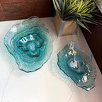 Things2Die4 Decorative Plates Set of 2 Oyster Shaped Blue Glass Plates with Iridescent Finish for Coastal Tabletop Decor in Dining Room Entryway or Living Room, 13 X 10 X 2 Inches