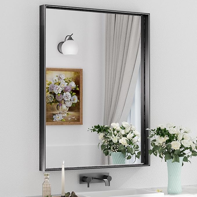 Keonjinn 28 x 36 Inch Black Bathroom Mirror, Rectangle Wall Vanity Mirrors, Metal Framed Farmhouse Mirror Brushed Square Corner, Modern Bathroom Mirrors for Over Sink(Horizontal/Vertical)
