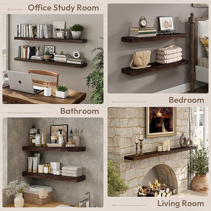 Marsmiles 30 inch Floating Shelves for Wall Solid Elm Wood Shelves|Rustic Wall Shelves with Invisible Heavy-Duty Bracket for Bathroom Living Room Kitchen|Walnut, 2 Pack
