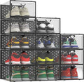 Pinkpum XXL Shoe Storage Box Fit for Size 14, Clear Plastic Stackable Shoe Organizer for Closet 12 Pack, Shoe Containers Sneaker Storage Black