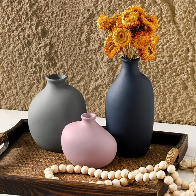 Ceramic Vase Set of 3,Decorative Vases Home Decor, Small Modern Boho Rustic Farmhouse Pottery Vases for Pampas Grass Dried Fresh Flowers,Bedroom,Living Room,Bookshelf, Mantel，Centerpiece Table Decor