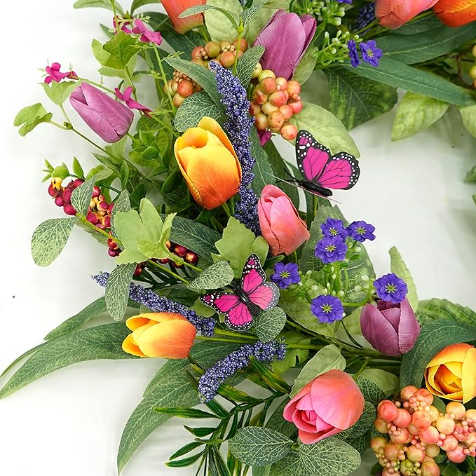 WreathDream 22 inch Spring Summer Wreath Tulip Wreath for Front Door with Purple Tassels, Eucalyptus Leaves, Ferns, Butterflies for Indoor Outdoor wall Festival Home Farmhouse Wedding Decor