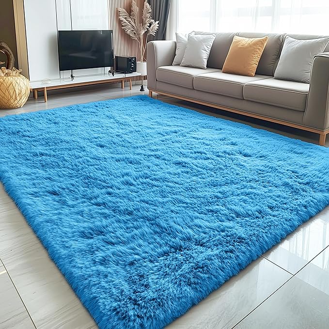 OLANLY 5x7 Machine Washable Large Area Rugs for Living Room, Bedroom, Soft Fluffy Shaggy Bedside Rug, Indoor Floor Carpet for Kids Girls and Boys, Dorms, Nursery, Home Decor Aesthetic, Bright Blue