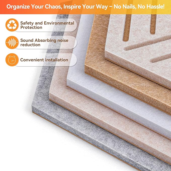 10 Pack Hexagon Cork Board Tiles Alternative, 12'' Fully Self-Adhesive Modern Felt Bulletin for Wall Decor, Frameless Pin Board for Office, Renter-Friendly Decorative Hexagon Corkboard with 30 Pins
