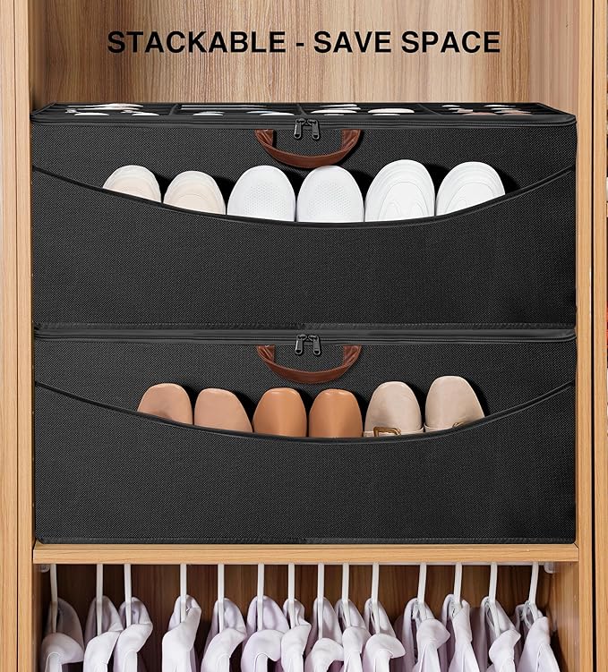 STO STO Shoe Organizer for Closet, Fits Up to 16 Pairs, XL Shoe Box Containers with Adjustable Dividers, Clear Cover Shoe Storage Bins, Stackable Space Saving Shoes Holder for Shoes and Boots, Black
