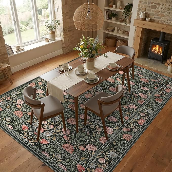 GarveeHome Dark Green Vintage Floral Washable 8x10 Area Rugs for Living Room Boho Botanical Retro Rug Low Pile Stain Resistance Non Slip Carpet for Bedroom Nursery Dining Room