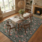 GarveeHome Dark Green Vintage Floral Washable 8x10 Area Rugs for Living Room Boho Botanical Retro Rug Low Pile Stain Resistance Non Slip Carpet for Bedroom Nursery Dining Room
