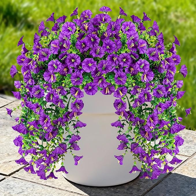 Artificial Hanging Flowers for Outdoors, 4 PCS UV Resistant Faux Plants Silk Realistic 150 Morning Glory Each Vines, Fake Plastic Floral for Garden Patio Spring Summer Decor, Purple