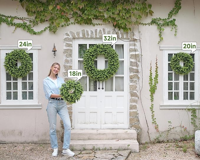 DDHS 16-18in Small Boxwood Wreath for Front Door – Artificial Green Farmhouse Wreath, Spring Summer Fall Winter DIY Decor, for Indoor Outdoor Year-Round Wedding Home Decorations