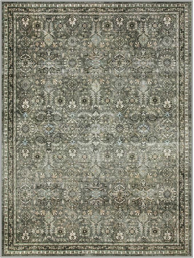 Lahome Large Dark Olive Green Area Rugs, Washable Area Rugs 9x12 Living Room, Boho Bedroom Mats Under Bed, Soft Stain Resistant Non-Shedding Thin Carpet for Dining Room Apartment