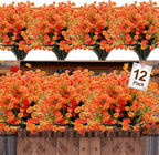 12 Bundles Artificial Flowers for Outdoors Spring Summer Decorations, UV Resistant Fake Mums Realistic Fake Plants Faux Plastic Flowers for Outdoor Indoor Home Gardens Porch Fall Decor(Orange Red)
