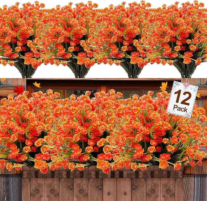 12 Bundles Artificial Flowers for Outdoors Spring Summer Decorations, UV Resistant Fake Mums Realistic Fake Plants Faux Plastic Flowers for Outdoor Indoor Home Gardens Porch Fall Decor(Orange Red)