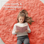 OLANLY Coral Red Round Rugs for Bedroom - Machine Washable, 8 ft Circle Area Rugs for Living Room, Soft and Fluffy Shaggy Carpet for Teen Girl and Boys, Nursery Rooms, Dorms, Home Decor Aesthetic