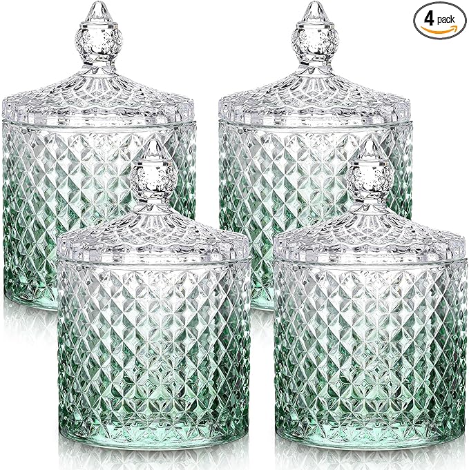 Aoriher 4 Pcs Crystal Glass Candy Jar Set with Lids Home Decorative Storage Jars for Apothecary, Bathroom, Kitchen, and Pantry, Ideal for Cotton Swabs and Jewelry (Medium,Gradient Green)