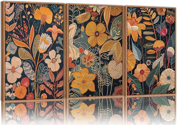 SIGNINART Orange Floral Framed Canvas Wall Art Set of 3, Mid Century Modern Flower Wall Decor, Neutral Plant Artwork, Boho Botanical Art Prints for Bedroom Living Room Office 24"x36"x3