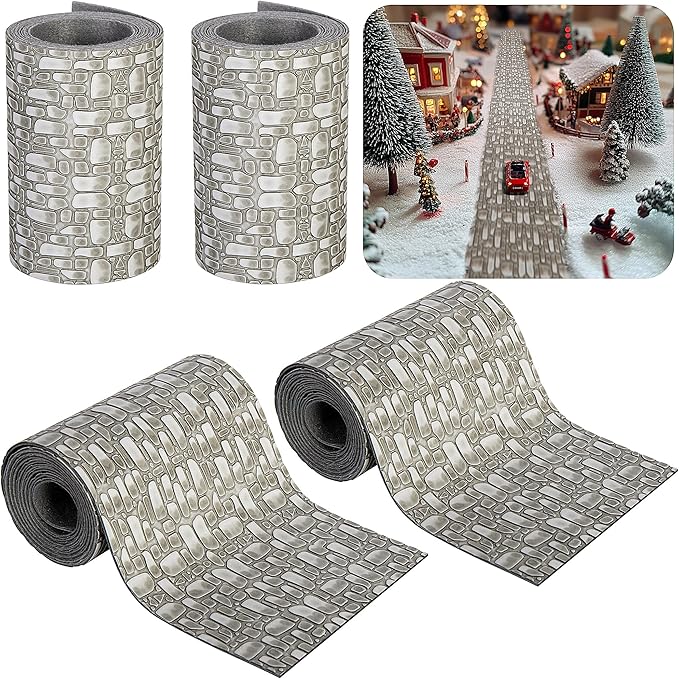 Iceyyyy 4 Pcs Christmas Village Cobblestone Road-39 x 3.5 Inch Cuttable Christmas Village Landscape Road-Miniature Xmas Villages Accessories for DIY Home Garden Street Landscape Decorations