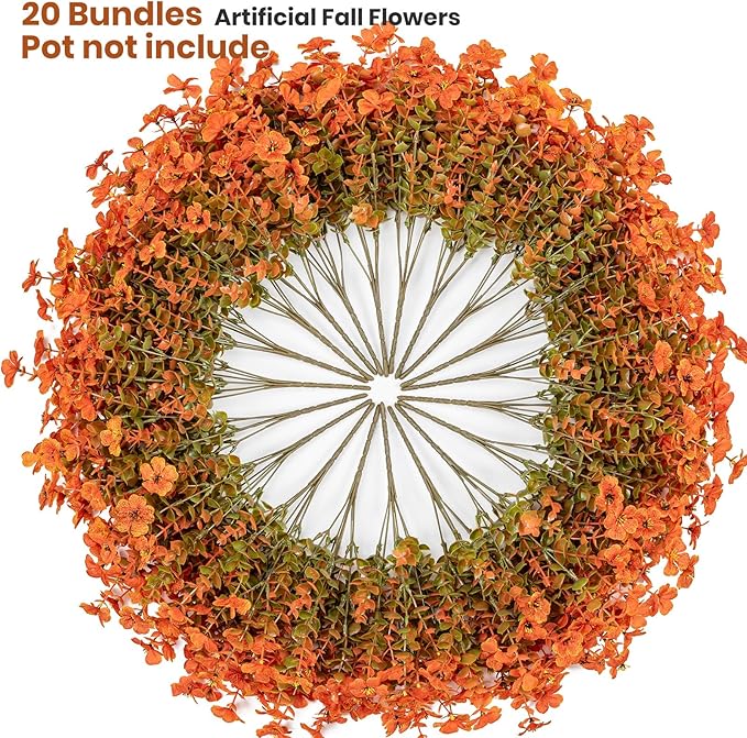 Lnoicy 20 Bundles Artificial Fake Mums for Outdoor Fake Plants for Autumn Decoration,Faux Eucalyptus Flowers for Planter UV Resistant Lifelike for Home Porch Garden (Fall Orange)