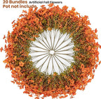 Lnoicy 20 Bundles Artificial Fake Mums for Outdoor Fake Plants for Autumn Decoration,Faux Eucalyptus Flowers for Planter UV Resistant Lifelike for Home Porch Garden (Fall Orange)