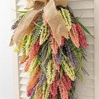 Glitzhome Pink, Purple & Yellow Mixed Heather Teardrop Swag 28" Artificial Spring Teardrop Swag Wreath for Front Door Porch Wall Window Decor